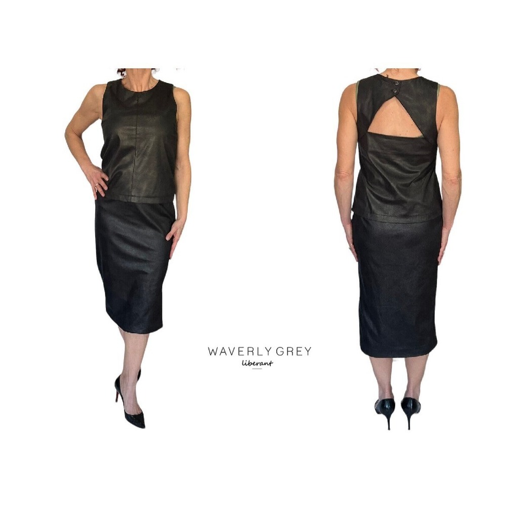 WAVERLY GREY LIBERANT BLACK LEATHER SLEEVELESS TOP MIDI SKIRT SET OUTFIT 4 NWT
